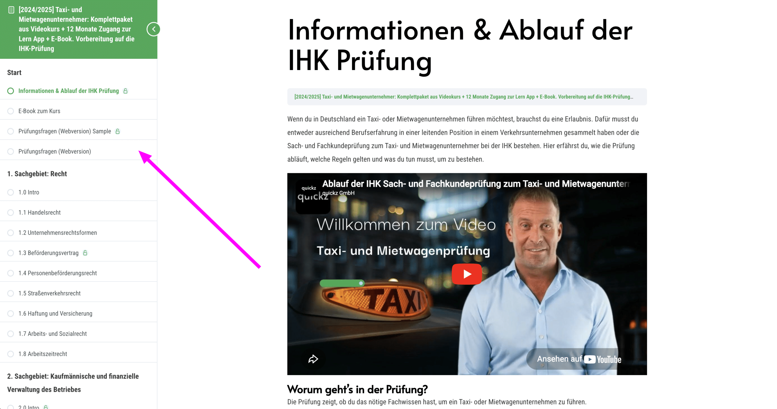 Screenshot der Kursnavigation – Lektionsübersicht auf der linken Seite